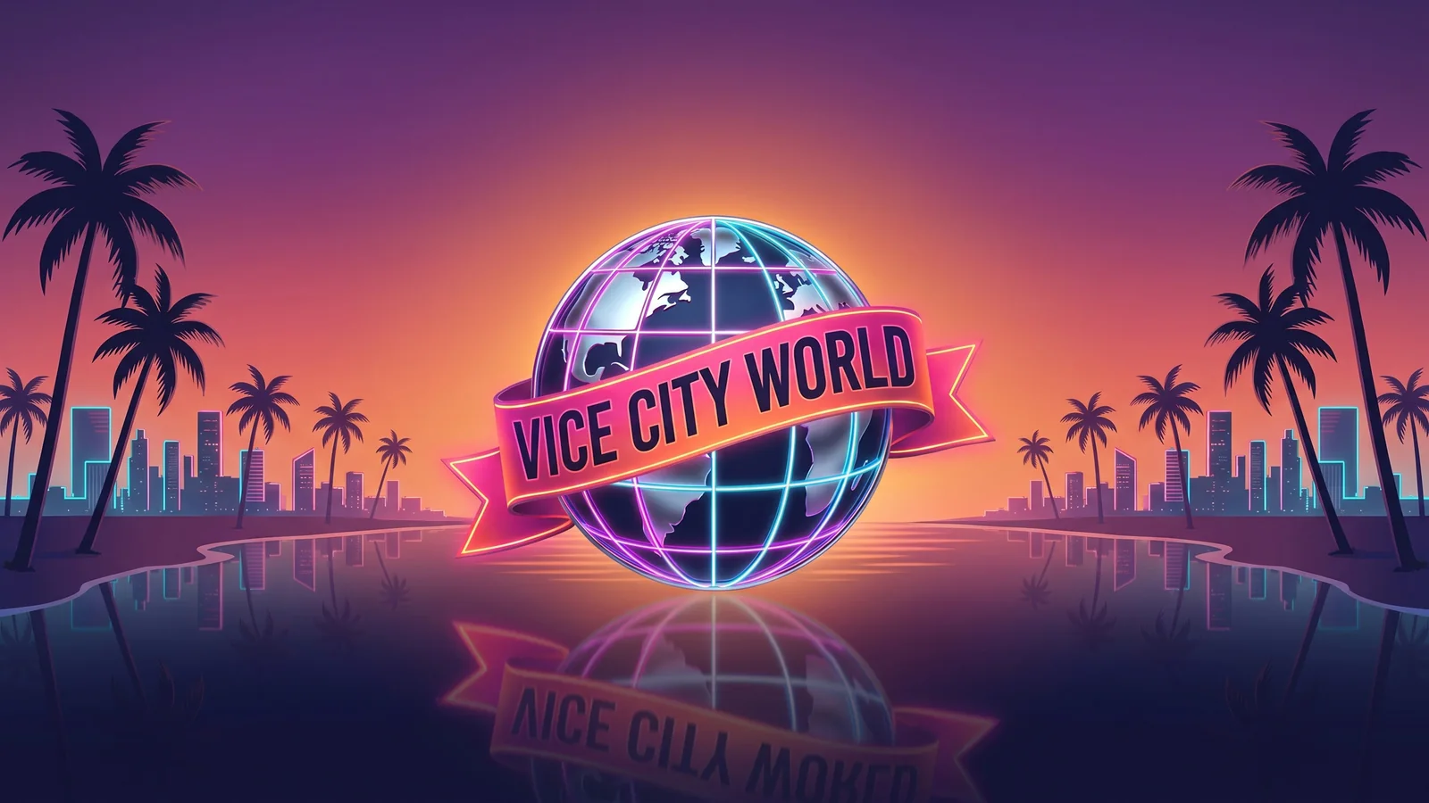 Arte do canal Vice City World: globo neon com o nome do canal sobre uma cidade ao pôr do sol